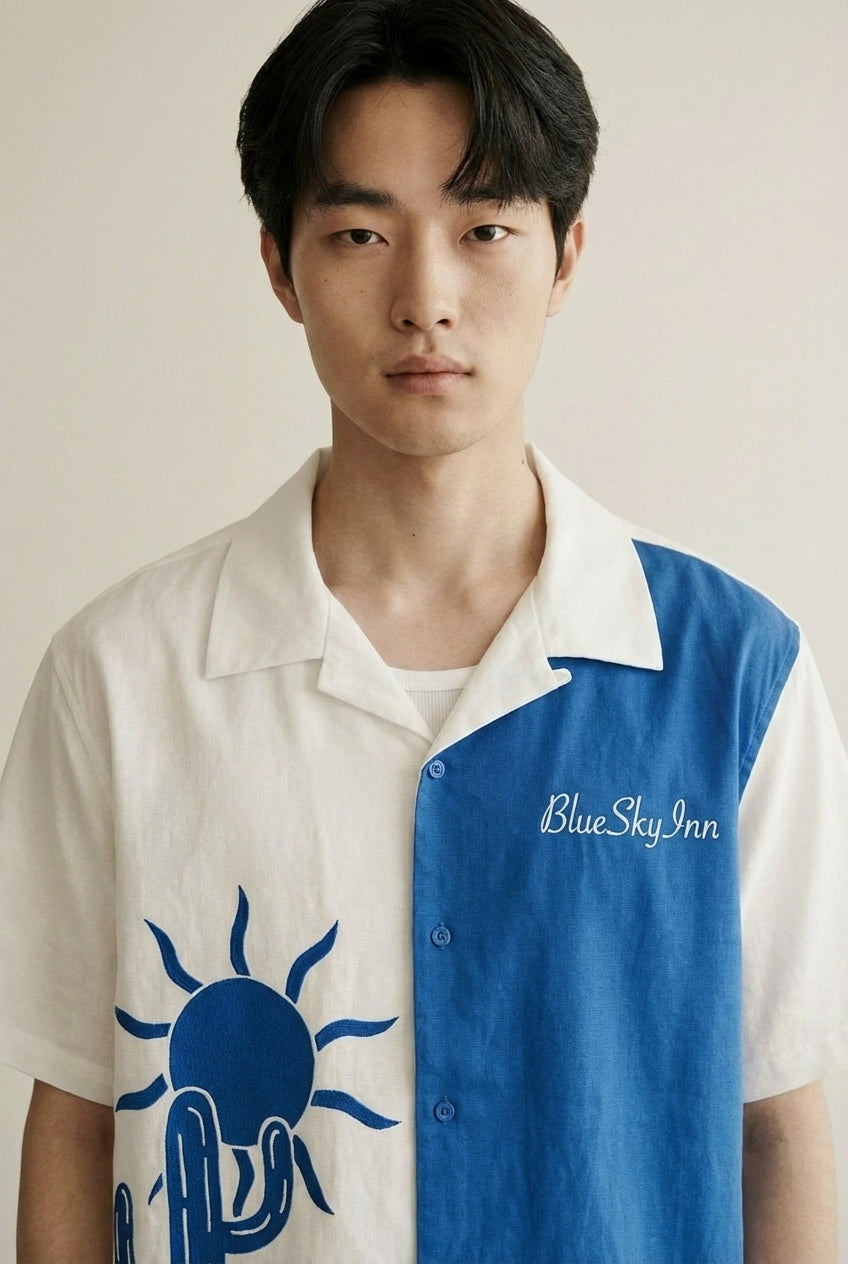 Close-up of the model wearing Cactus Panelled Shirt