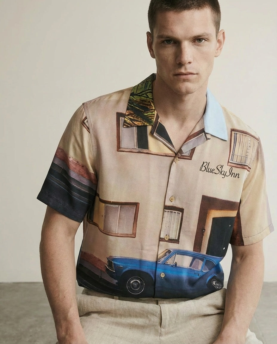 Close-up of the model wearing Blue Car Shirt