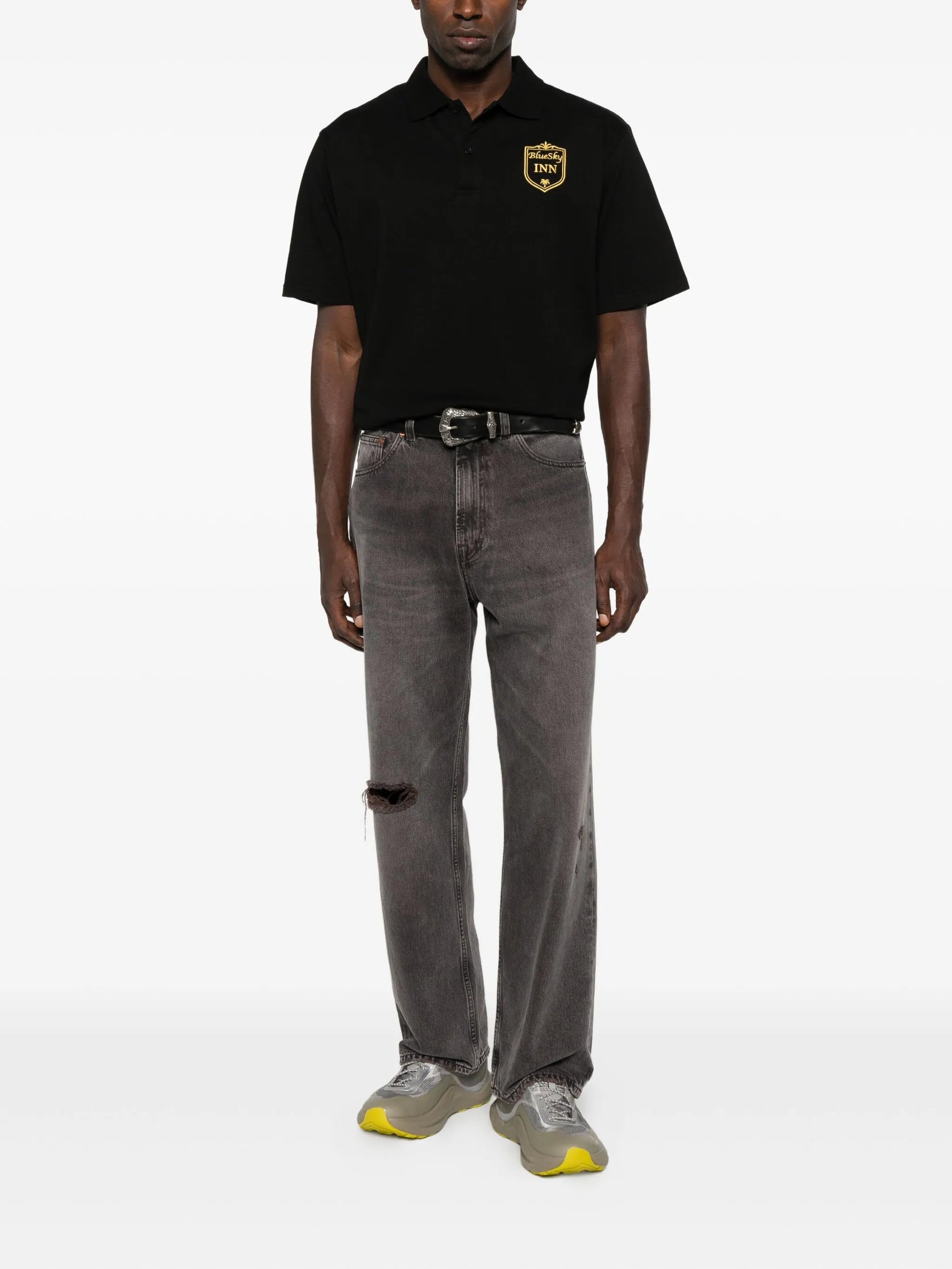 Black Polo Shirt with Gold Embroidered Logo