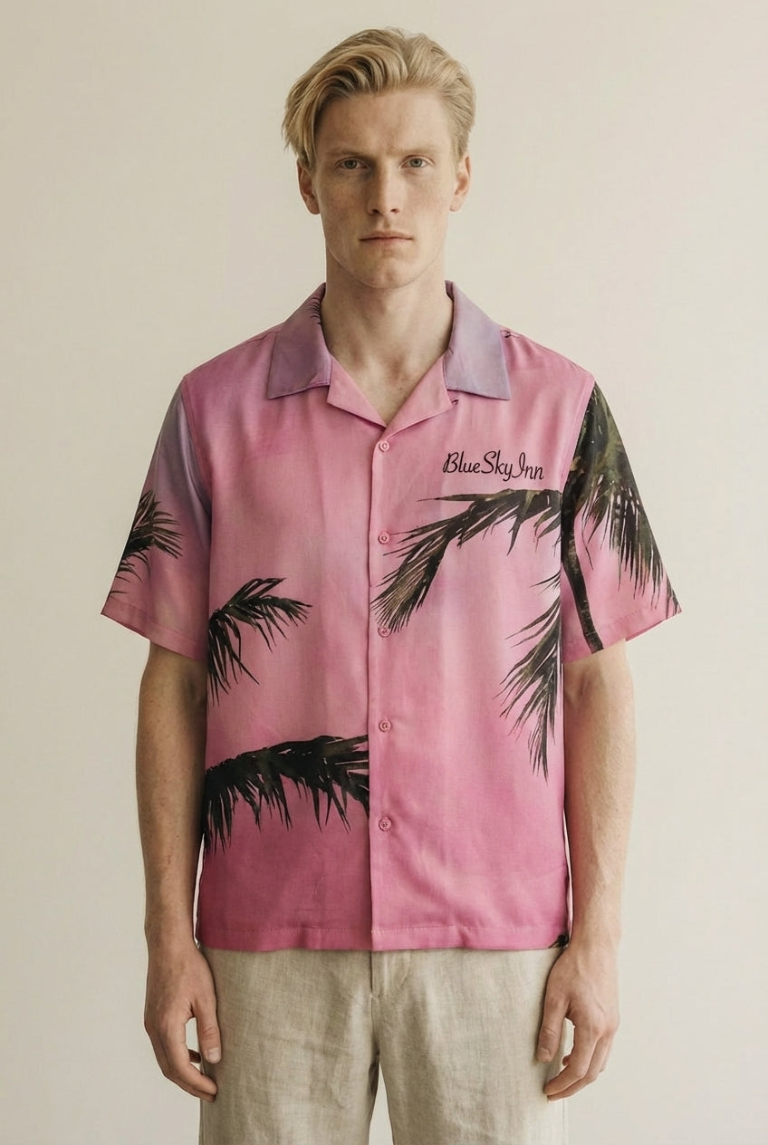 Close-up of the model wearing Pink Palms Shirt