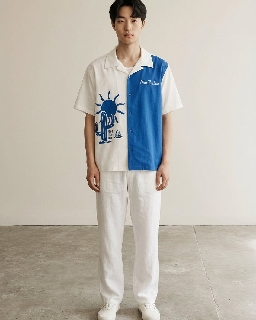 Full body view of the model wearing Cactus Panelled Shirt