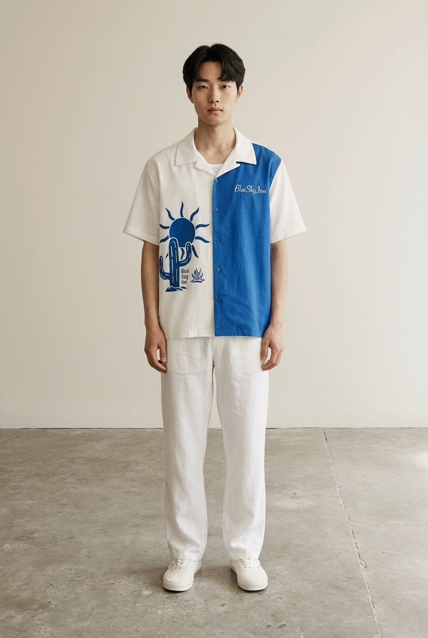 Full body view of the model wearing Cactus Panelled Shirt