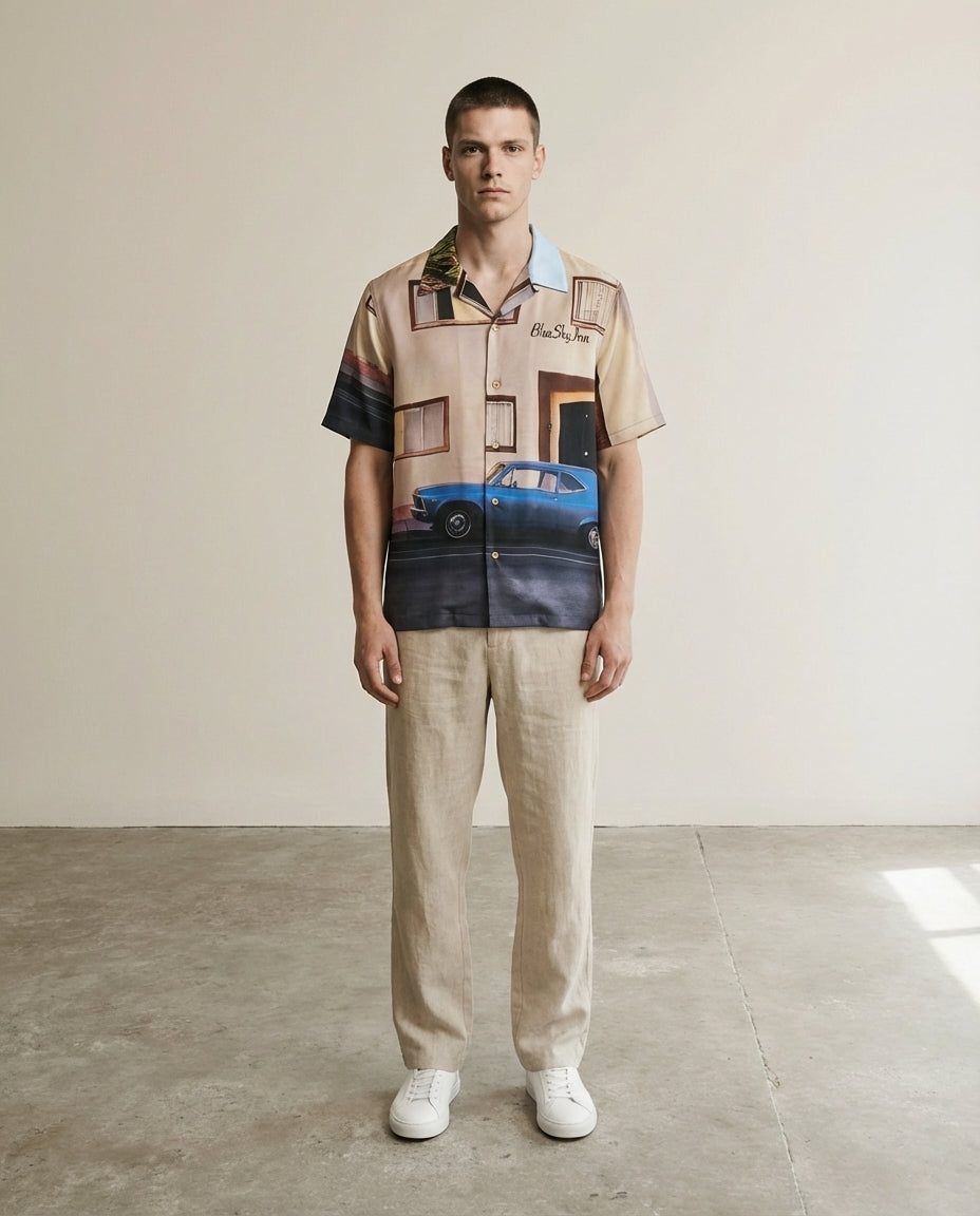 Full body view of the model wearing Blue Car Shirt