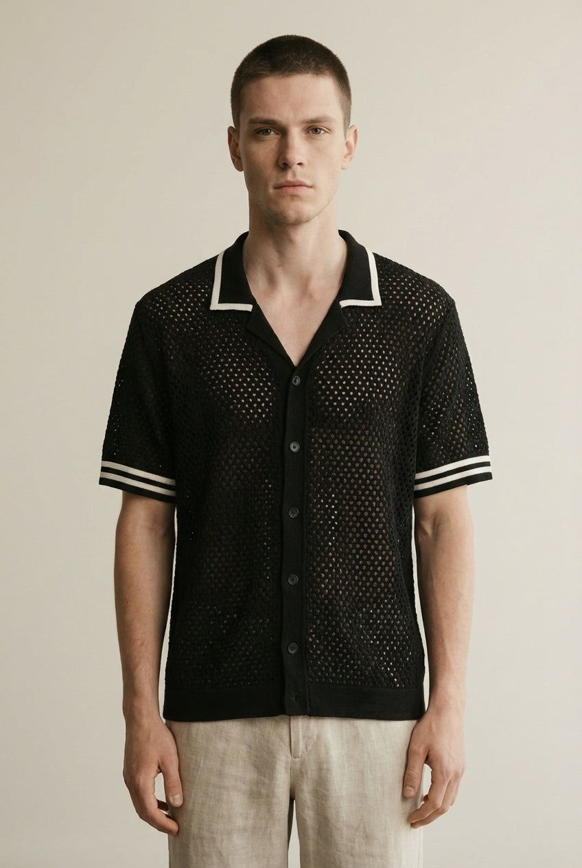Close-up of the model wearing Crochet Waiter Shirt