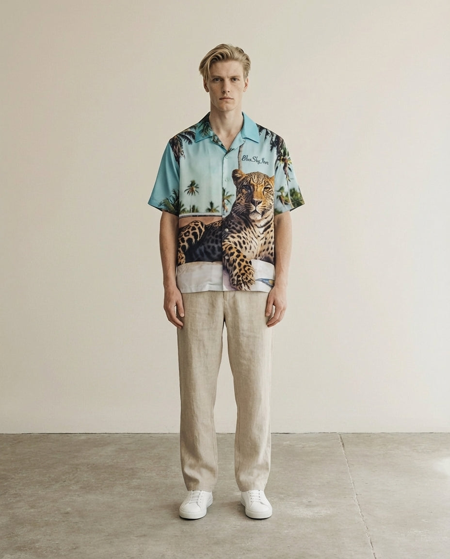 Full body view of the model wearing Leopard Shirt