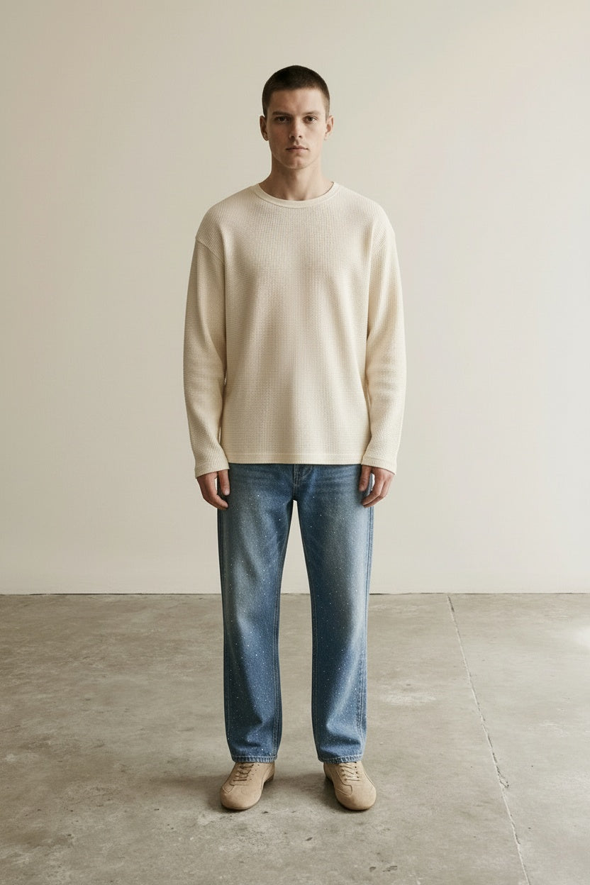 Full body view of the model wearing Crystal Embellished Washed Denim