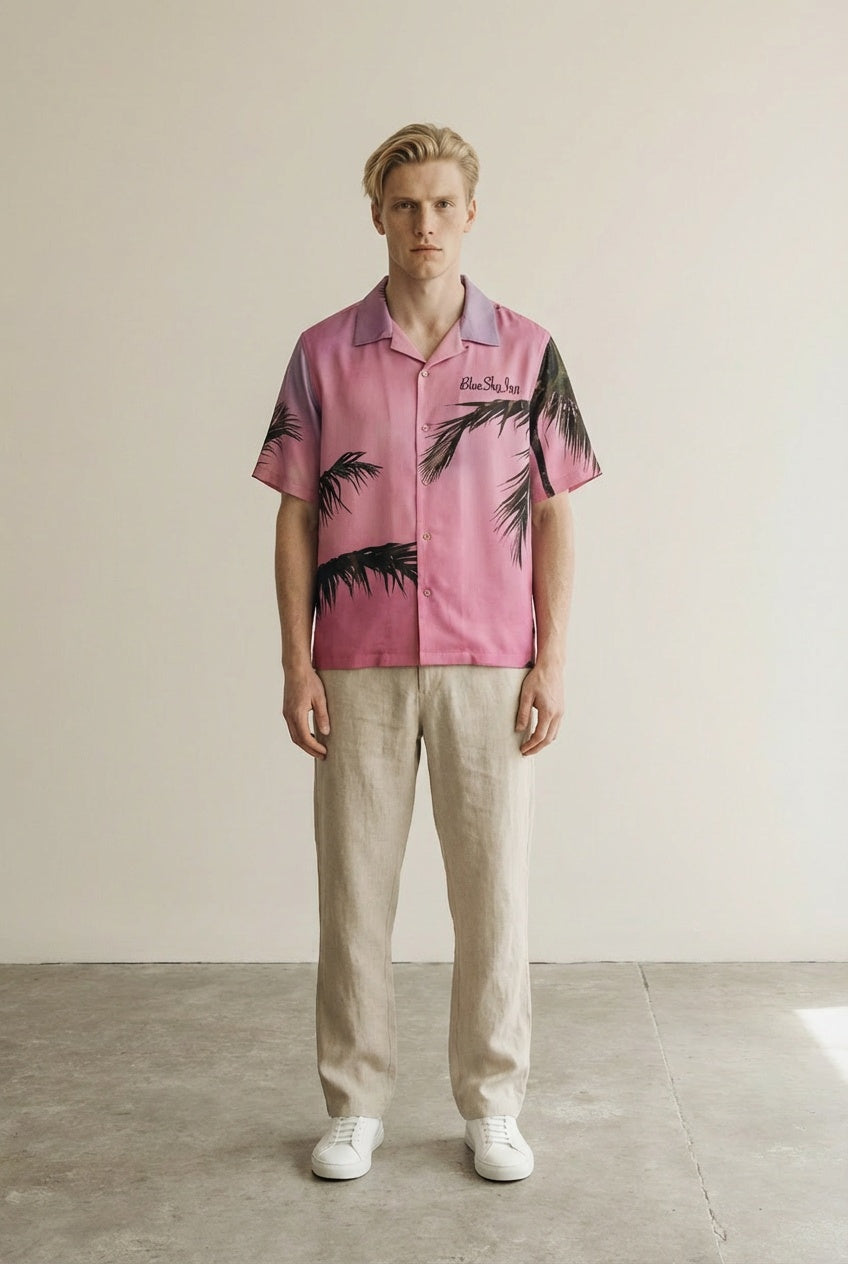 Full body view of the model wearing Pink Palms Shirt