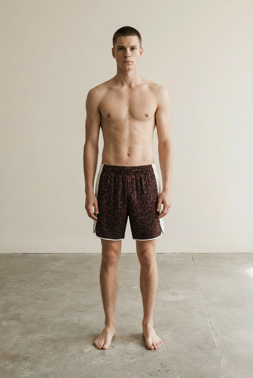 Full body view of the model wearing Leopard Waiter Shorts