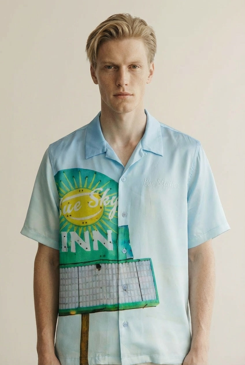 Close-up of the model wearing Sun Sign Shirt