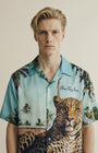 Close-up of the model wearing Leopard Shirt