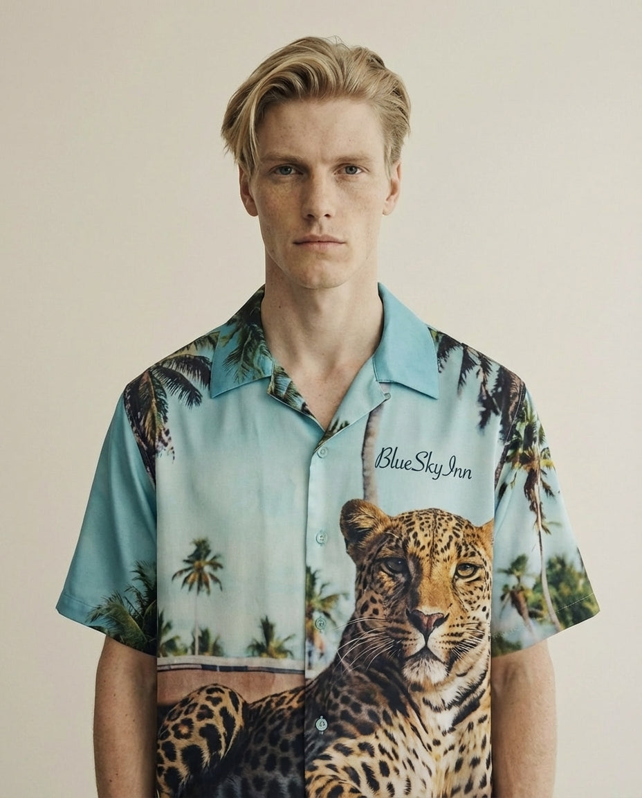 Close-up of the model wearing Leopard Shirt
